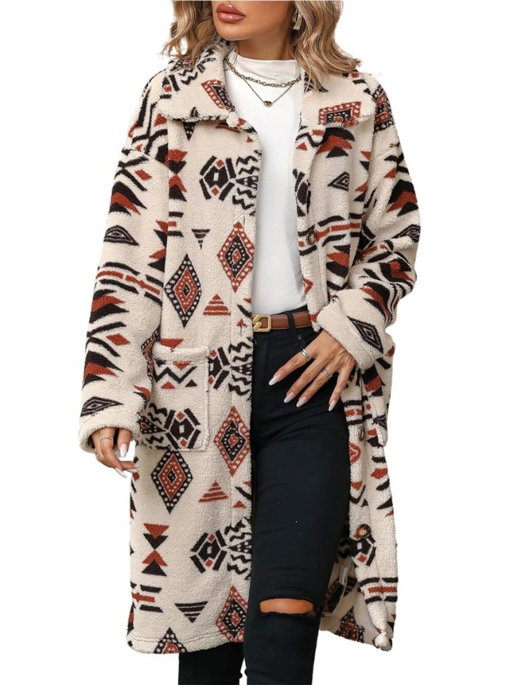 Women's Cozy Fleece Fluffy National Ethnic Floral Print Aztec Coat Single
